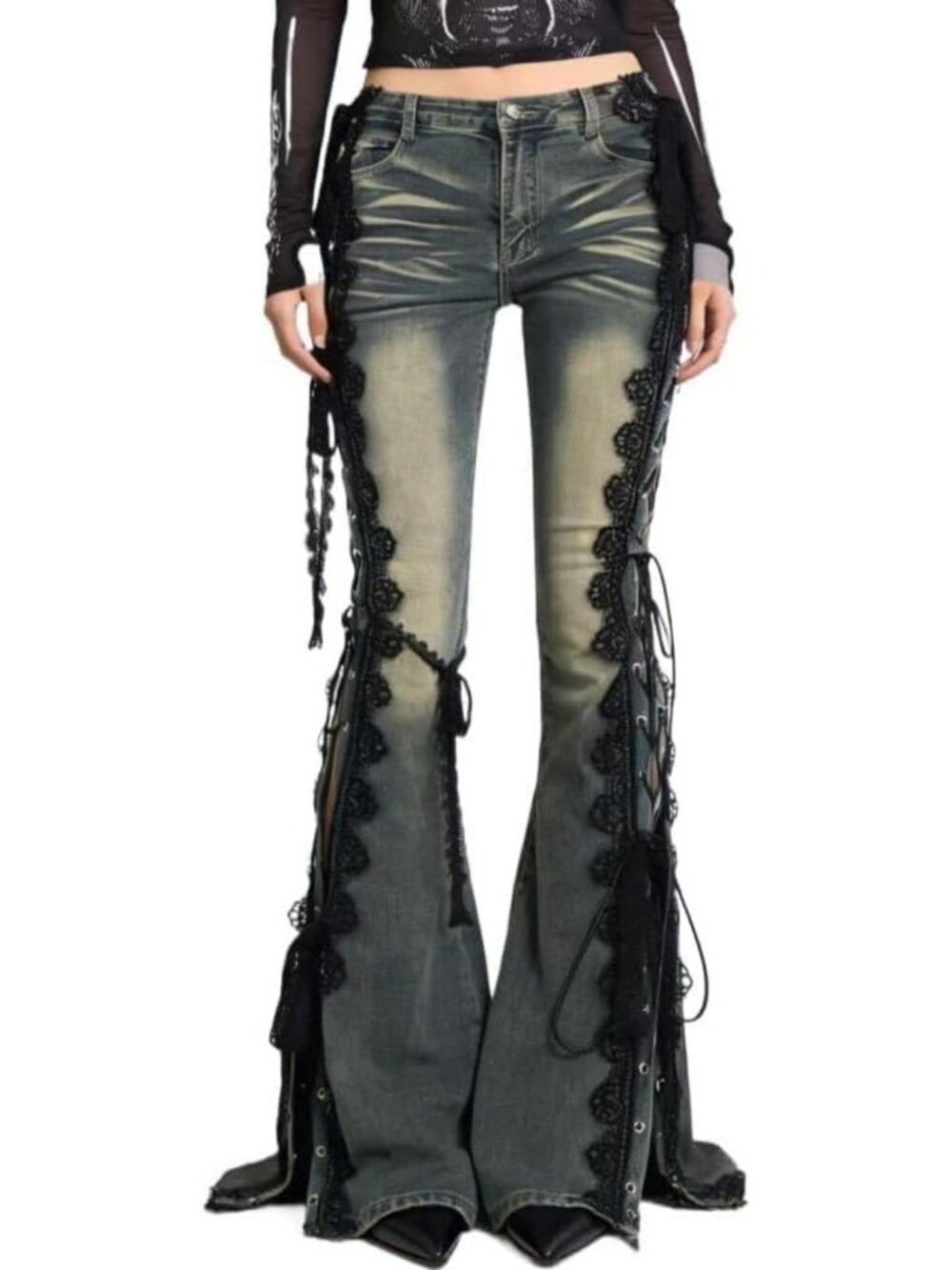 Y2K Grunge Dragon Print Flare Jeans for Women, Low Rise with Stylish PU Belt